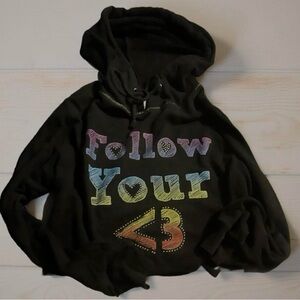 ‧₊˚✮ ༉‧ Y2K Black Embellished Cropped Hoodie with Colorful Graphic